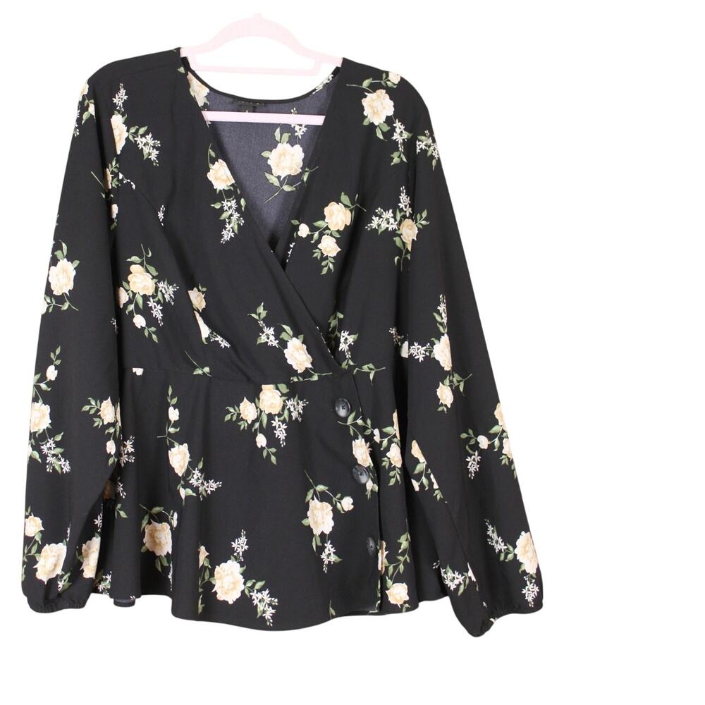 Torrid Black & Cream Floral Boho Cottage Flattering Faux Wrap Peplum Blouse 4X